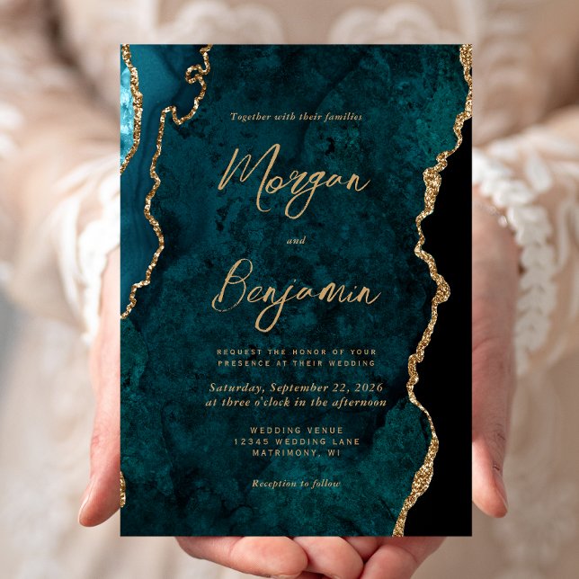 Modern Teal Blue Agate Script Wedding Invitation (Creator Uploaded)
