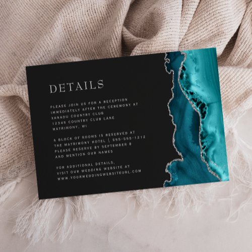 Modern Teal Blue Agate Silver Dark Wedding Details Enclosure Card