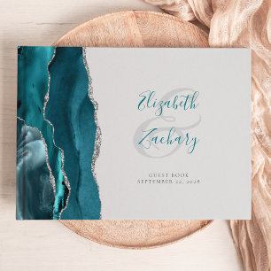 Modern Teal Blue Agate Silver Script Gray Guest Book