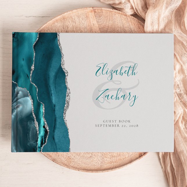 Modern Teal Blue Agate Silver Script Gray Guest Book (Creator Uploaded)