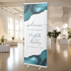 Modern Teal Blue Agate Silver Wedding Welcome Retractable Banner