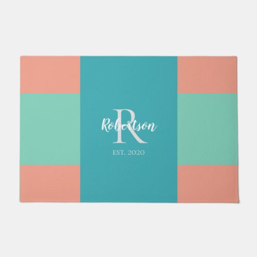 Modern Teal Blue and Coral Pink Family Monogram Doormat