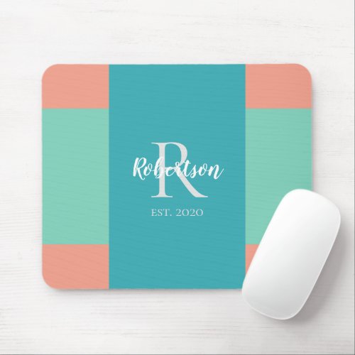 Modern Teal Blue and Coral Pink Family Monogram Mouse Pad