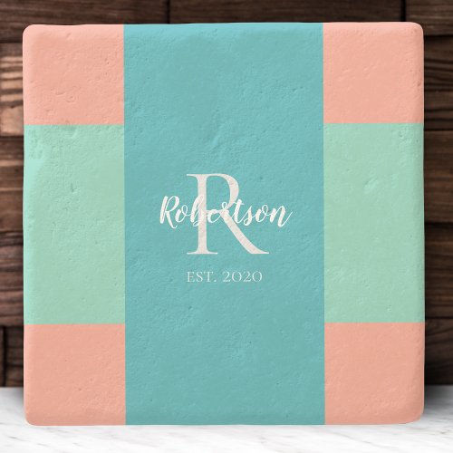 Modern Teal Blue and Coral Pink Family Monogram Stone Coaster