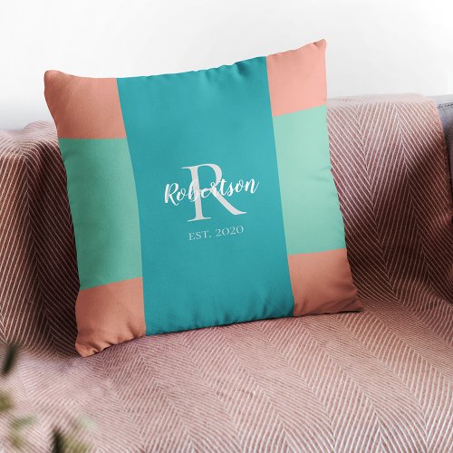 Modern Teal Blue and Coral Pink Family Monogram Throw Pillow