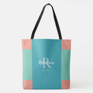 Modern Teal, Blue, and Coral Pink Family Monogram Tote Bag