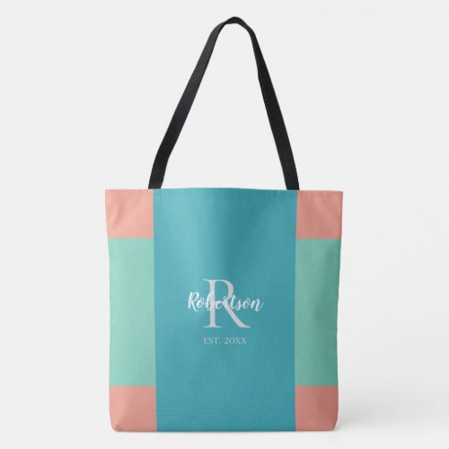 Modern Teal Blue and Coral Pink Family Monogram Tote Bag