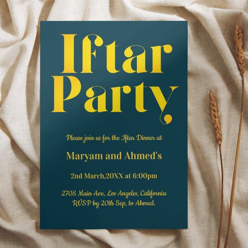 Modern Teal Blue and Gold Iftar Party Invitation