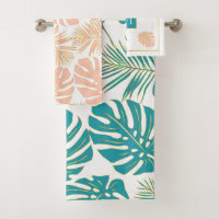 Modern teal blue and peach tropical leaves