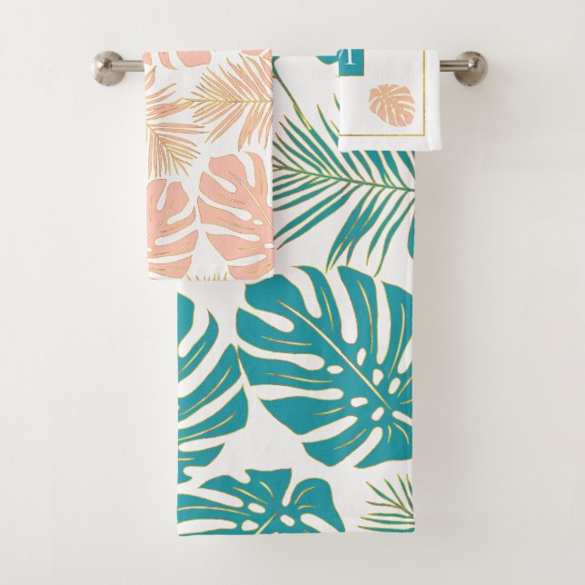 Modern teal blue and peach tropical leaves bath towel set (Insitu)