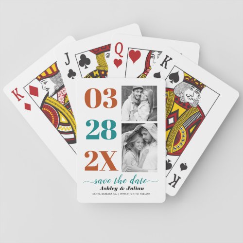 Modern teal blue and rust two photo Save the Date Poker Cards
