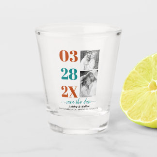 Modern teal blue and rust two photo Save the Date Shot Glass