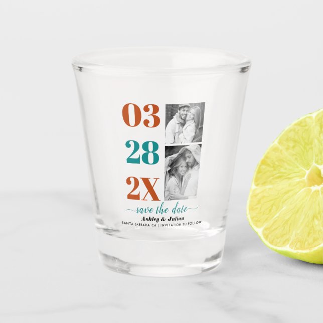 Modern teal blue and rust two photo Save the Date Shot Glass (Front)