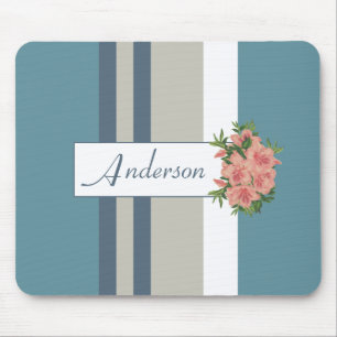 Modern Teal Blue and Tan Striped Floral Mouse Pad