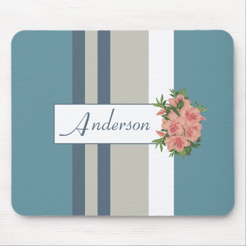 Modern Teal Blue and Tan Striped Floral Mouse Pad