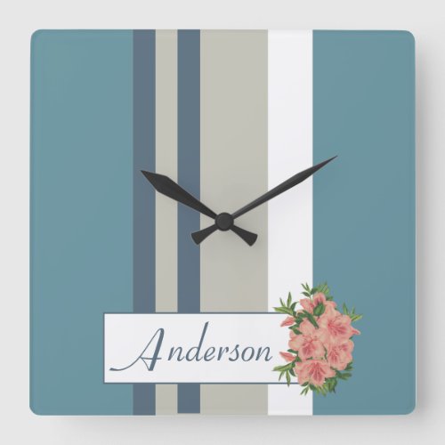 Modern Teal Blue and Tan Striped Floral Square Wall Clock