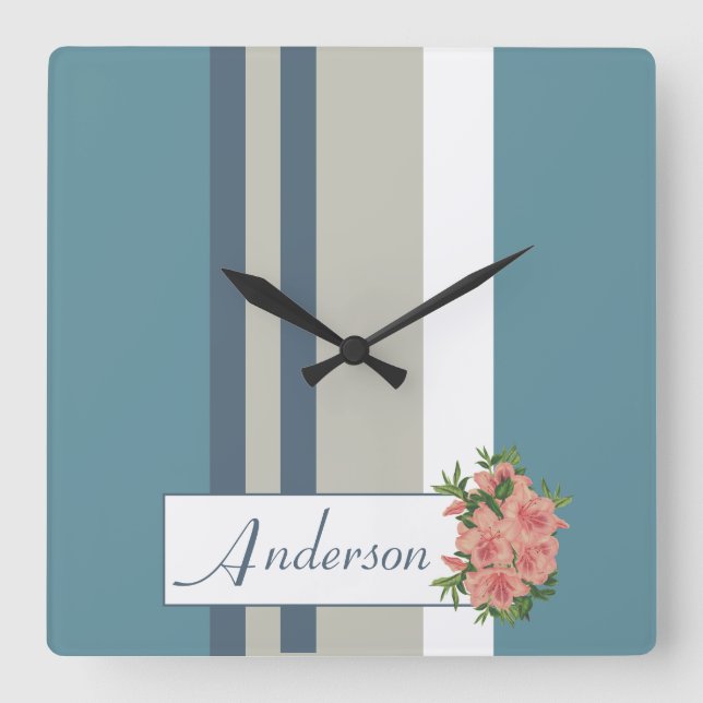 Modern Teal Blue and Tan Striped Floral Square Wall Clock (Front)
