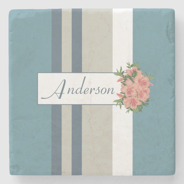 Modern Teal Blue and Tan Striped Floral Stone Coaster (Front)