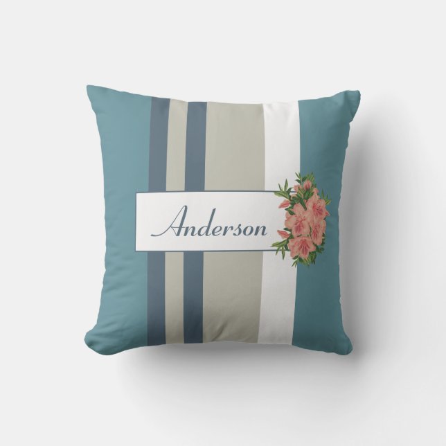 Modern Teal Blue and Tan Striped Floral Throw Pillow (Front)
