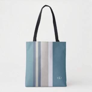 Modern Teal Blue and Tan Striped Personalized Tote Bag