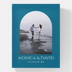 Modern Teal Blue Arch Couple Photo Minimalist Paperweight