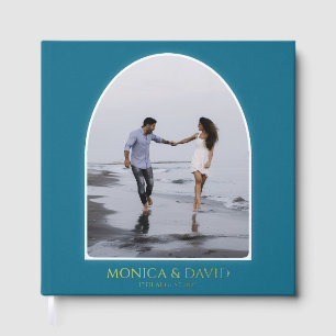 Modern Teal Blue Arch Photo Minimalist Wedding Foil Guest Book