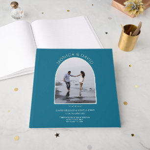 Modern Teal Blue Arch Photo Minimalist Wedding Guest Book