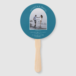 Modern Teal Blue Arch Photo Minimalist Wedding Hand Fan