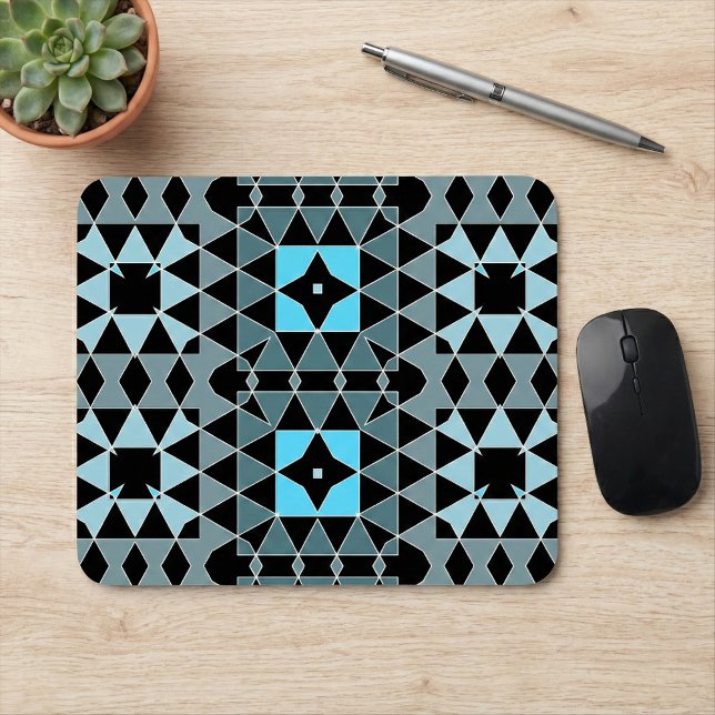 Modern Teal Blue Black Geometric Op Art Pattern Mouse Pad (Creator Uploaded)