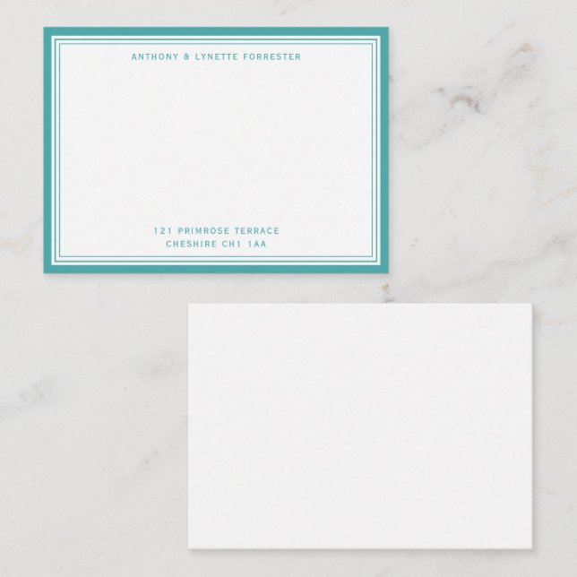 Modern Teal Blue Border Name & Address  Note Card (Front/Back)