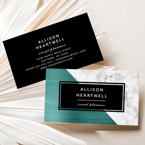 Modern Teal Blue Brushed Metal White Marble Black Business Card