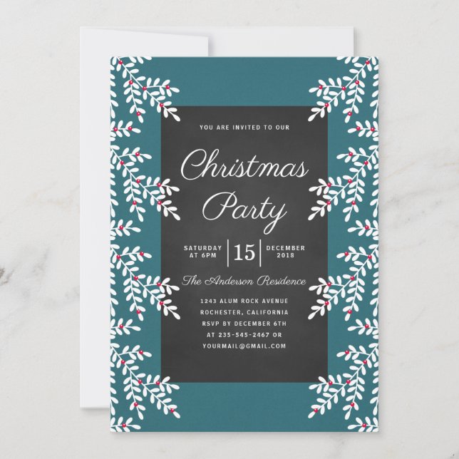Modern Teal Blue Christmas Party Chalkboard Invitation (Front)