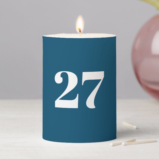 Modern teal blue custom year number birthday pillar candle (In Situ)