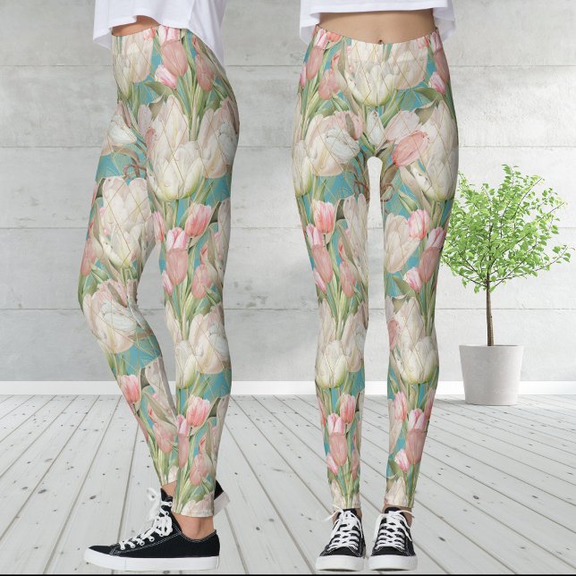Modern Teal Blue Elegant Tulips with Gold Pattern Leggings (Creator Uploaded)
