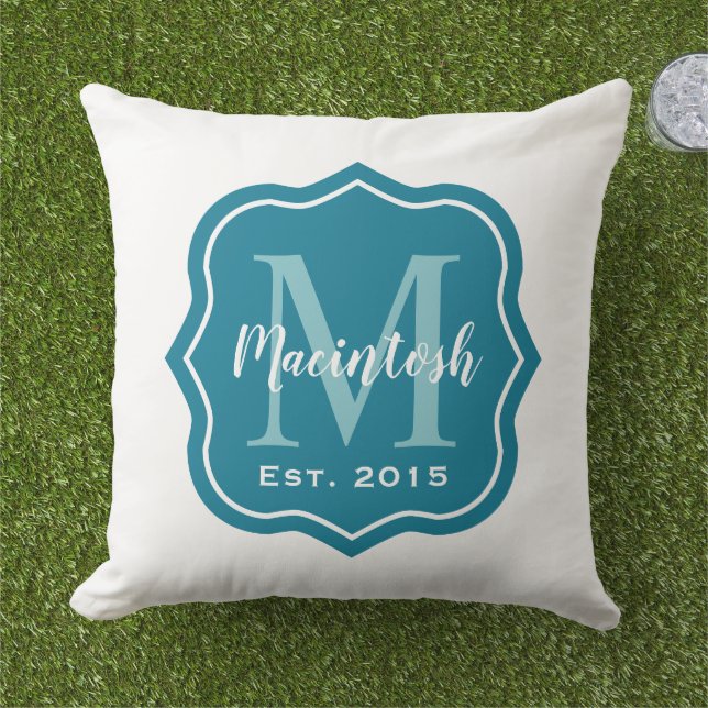 Modern Teal Blue Family Monogram Letter Welcome Outdoor Pillow (Grass)