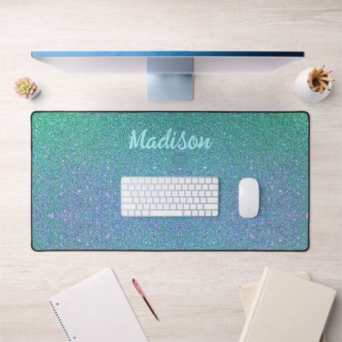 Modern Teal Blue Glitter Glam Personalized Desk Mat