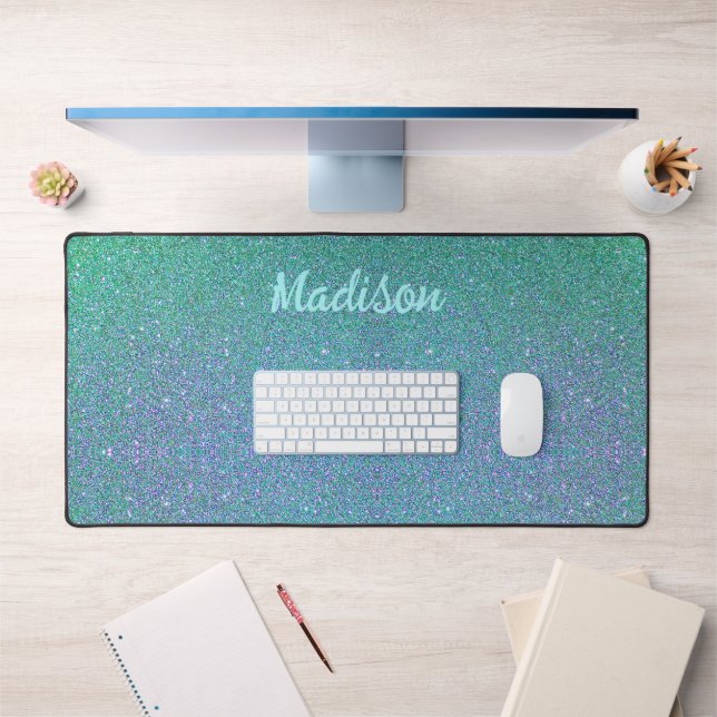 Modern Teal Blue Glitter Glam Personalized Desk Mat (Office 1)