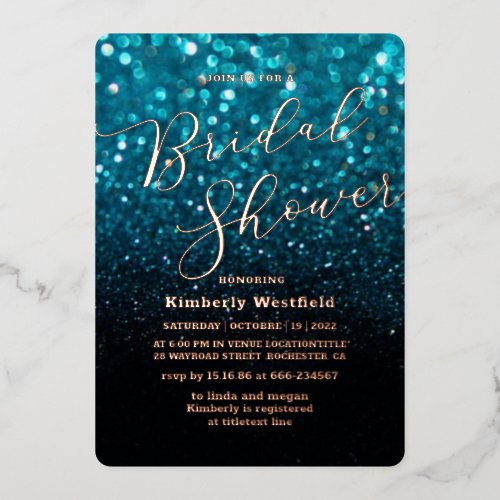 modern Teal Blue Glitter gold chic Bridal shower  Foil Invitation