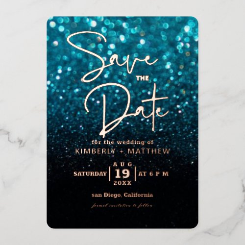 modern Teal Blue Glitter Save the date wedding Foi Foil Invitation