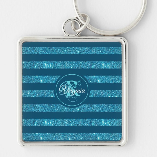 Modern Teal Blue Glitter Striped Monogram Keychain (Front)