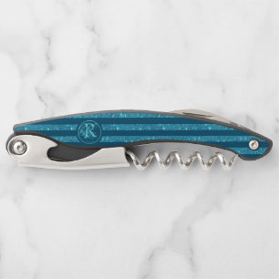 Modern Teal Blue Glitter Striped Monogram Waiter's Corkscrew