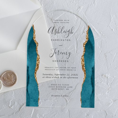 Modern Teal Blue Gold Agate Arch Wedding Acrylic Invitations