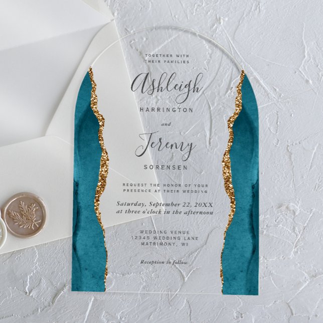 Modern Teal Blue Gold Agate Arch Wedding Acrylic Invitations (Creator Uploaded)