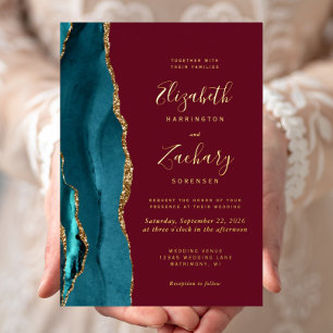 Modern Teal Blue Gold Agate Burgundy Wedding Foil Invitation