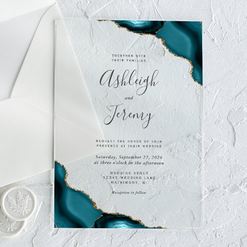 Modern Teal Blue Gold Agate Corners Wedding Acrylic Invitations