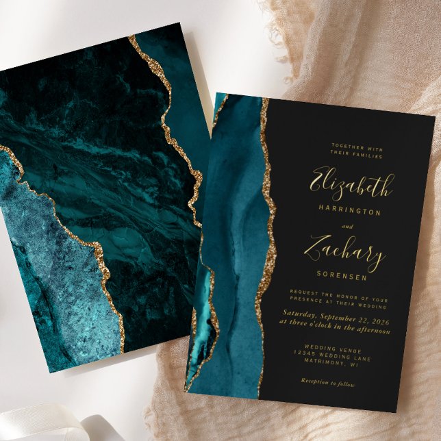 Modern Teal Blue Gold Agate Dark Wedding Foil Invitation (Creator Uploaded)
