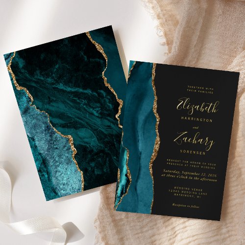 Modern Teal Blue Gold Agate Dark Wedding Foil Invitation