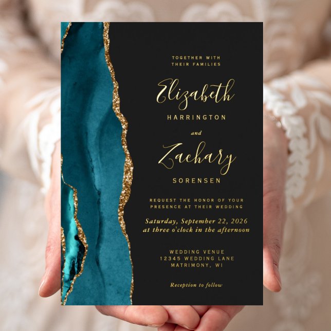Modern Teal Blue Gold Agate Dark Wedding Foil Invitation (Creator Uploaded)