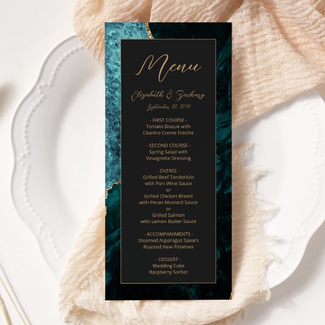 Modern Teal Blue Gold Agate Dark Wedding Menu (Creator Uploaded)
