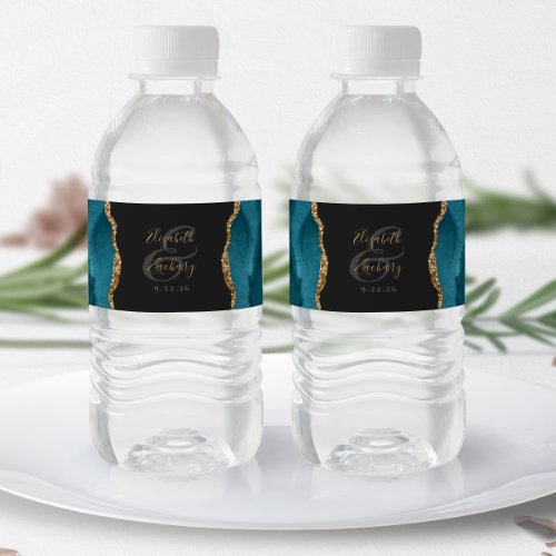 Modern Teal Blue Gold Agate Dark Wedding Water Bottle Label